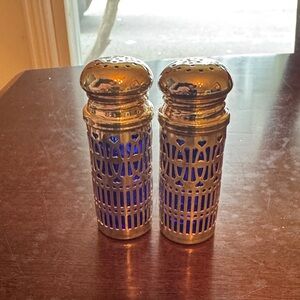 Silver Filigree Salt & Pepper Shaker Set with Blue Glass Inserts